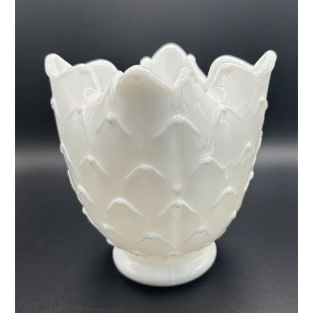 Vintage Imperial Milk Glass Crimped Cupped Vase 5”